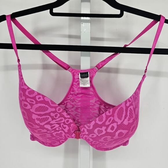 Vintage Y2K Rampage Intimates Sz 34D Front Clasp T Shirt Bra Pink Leopard Lace - Picture 1 of 5